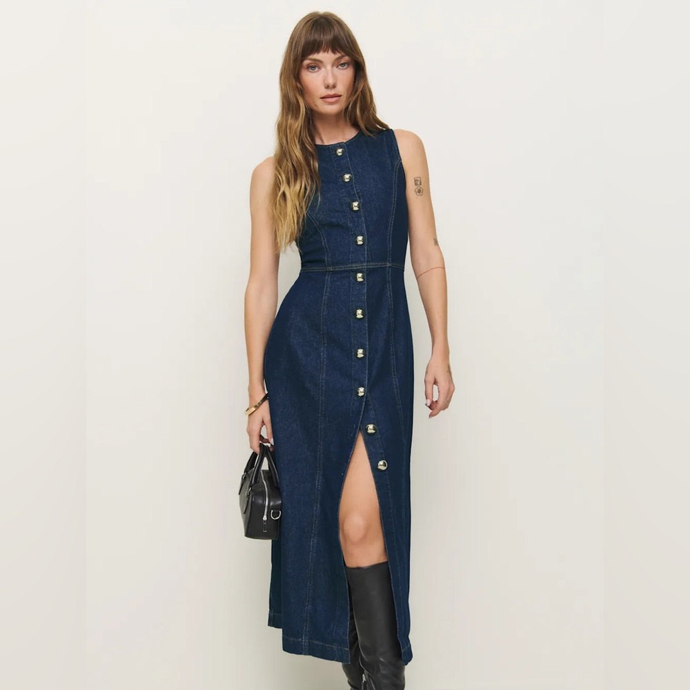 Reformation Roswell Prespa Blue Denim Button-Front Midi Dress. Size 0 - Picture 3 of 12